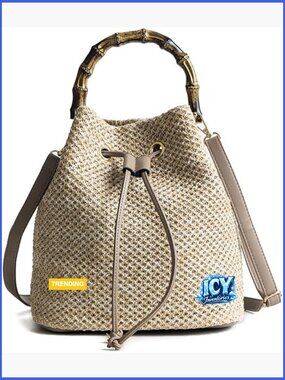 Straw Bucket Bag with Bamboo Handle Drawstring Crossbody Shoulder Tote Beach